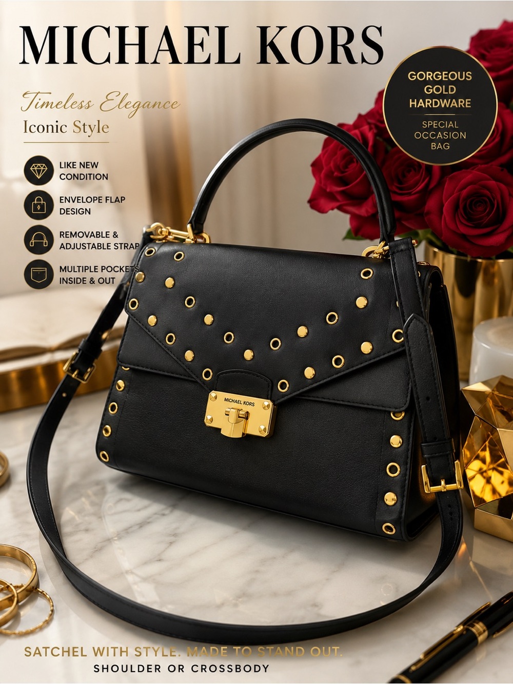 MK Michael‎ Kors Leather  Satchel with Shoulder/Crossbody Bag/ Gold Grommets